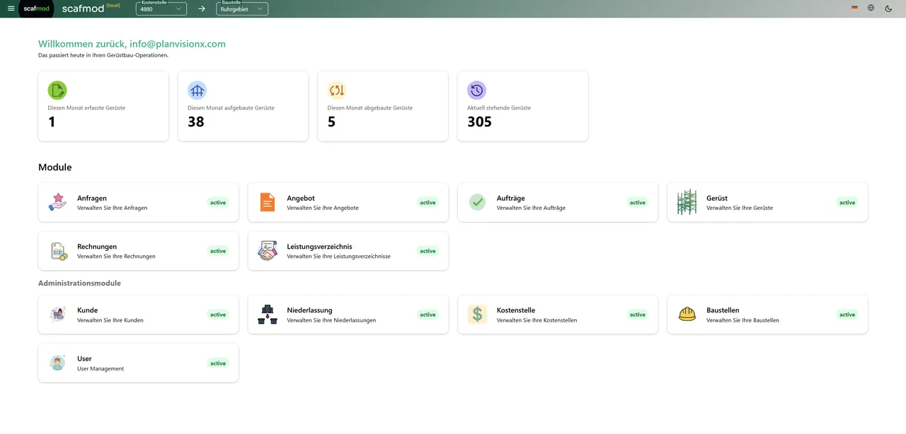 scafmod Dashboard auf Desktop und Mobilgerät, eine moderne Benutzeroberfläche zur Gerüstbauverwaltung.